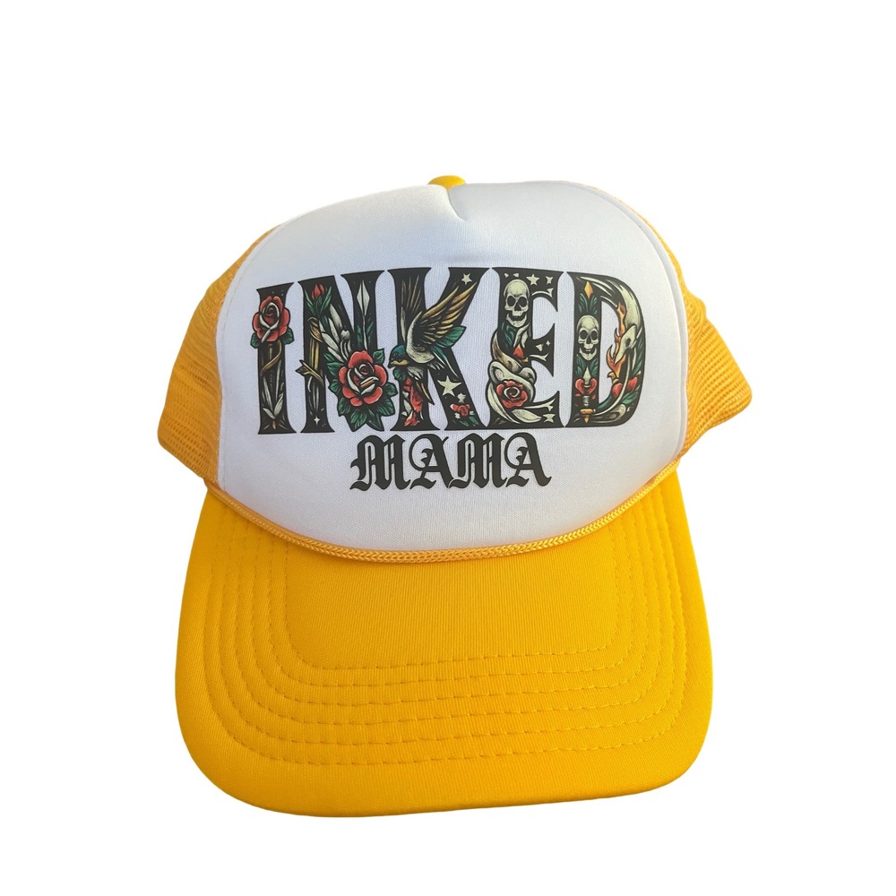 Mega‎ Cap Trucker Hat Women OSFA Yellow New Inked Mama Tattoo Graphic Snapback